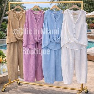 Puro Lino 2-Piece Set Italian Linen Sleeveless Top & Barrel Leg Pants OS